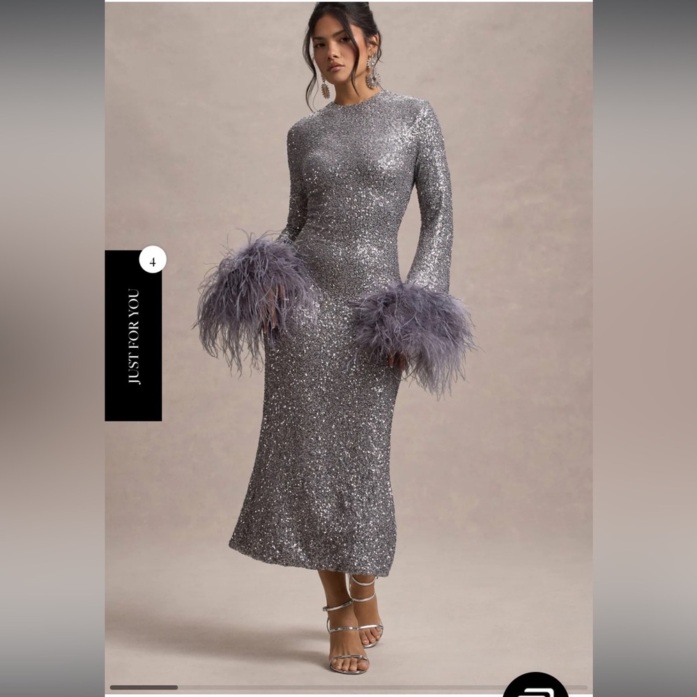 Club L London Silver Sequin Dress with Feather Accents